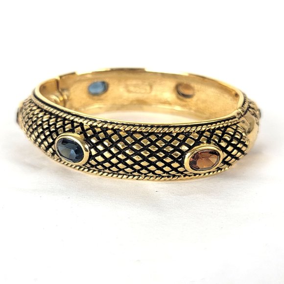 Vintage Cabot Gold Tone Jeweled Hinged Clamper Bracelet - Picture 3 of 8
